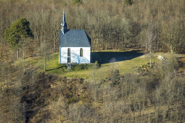 Aerial view, Heilig-Kreuz-Kapelle im Wald, Herrntrop, Kirchhundem, Sauerland, North Rhine-Westphalia, Germany, place of worship, DE, Europe, religious community, place of worship, holy place, chapel, church, parish, denomination, aerial view, aerial photography, aerial photography, religion, religious site, overview, bird's-eye view, bird's-eye view, overview