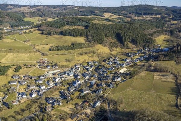 Aerial view, residential area, view of Marmecke with St. Antonius Church, wooded area, hilly landscape with forest damage, Marmecke, Kirchhundem, Sauerland, North Rhine-Westphalia, Germany, place of worship, DE, Europe, place of worship, property tax, holy place, real estate, church, parish, aerial view, aerial photography, aerial photography, religion, overview, bird's eye view, residential complex, living and life, residential area, residential quality, residential neighbourhood, housing estate, residential area, birds-eyes view, overview