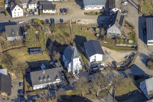 Aerial view, St. Antonius parish church in the town centre, Marmecke, Kirchhundem, Sauerland, North Rhine-Westphalia, Germany, place of worship, DE, Europe, place of worship, holy place, church, parish, aerial photograph, aerial photography, aerial photography, religion, overview, bird's eye view, birds-eyes view, overview