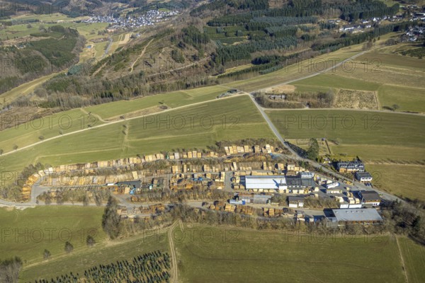 Aerial view, Jürgens Holzbearbeitung GmbH sawmill, forest area hilly landscape with forest damage, Marmecke, Kirchhundem, Sauerland, North Rhine-Westphalia, Germany, DE, Europe, aerial view, aerial photography, aerial photography, overview, bird's-eye view, overview
