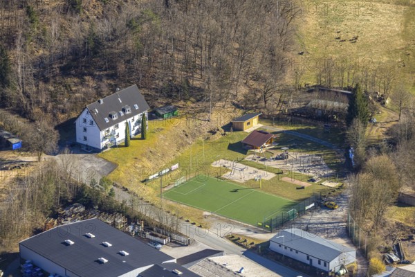 Aerial view, multi-generational sports park playground and sports field Albaumer Straße, Würdinghausen, Kirchhundem, Sauerland, North Rhine-Westphalia, Germany, DE, Europe, football pitch, aerial view, aerial photography, aerial photography, sports, sports facilities, sports field, sports facility, stadium, overview, bird's-eye view, overview