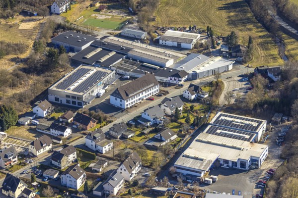 Aerial view, commercial area Würdinghausen, Kirchhundem, Sauerland, North Rhine-Westphalia, Germany, DE, Europe, commercial enterprises, commercial area, commercial property, commercial site, commercial use, industrial area, industrial site, aerial photograph, aerial photography, aerial photography, overview, bird's-eye view, birds-eyes view, overview