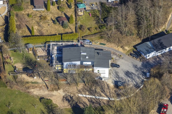 Aerial view, commercial area Würdinghausen, Kirchhundem, Sauerland, North Rhine-Westphalia, Germany, DE, Europe, commercial enterprises, commercial area, commercial property, commercial site, commercial use, industrial area, industrial site, aerial photograph, aerial photography, aerial photography, overview, bird's-eye view, birds-eyes view, overview