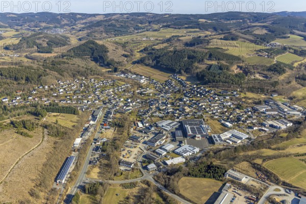 Aerial view, residential area local view and forest area hilly landscape with forest damage, commercial area, Würdinghausen, Kirchhundem, Sauerland, North Rhine-Westphalia, Germany, DE, Europe, commercial enterprises, commercial area, commercial property, commercial location, commercial use, property tax, real estate, industrial area, industrial location, aerial view, aerial photography, aerial photography, overview, bird's eye view, residential complex, living and living, residential area, residential quality, residential neighbourhood, housing estate, residential area, birds-eyes view, overview
