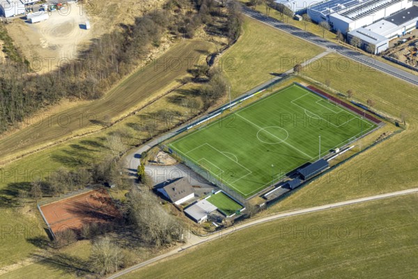 Aerial photo, football stadium sports ground SV Rahrbachtal 1989 e.V., Rahrbach, Kirchhundem, Sauerland, North Rhine-Westphalia, Germany, DE, Europe, football pitch, football stadium, aerial photo, aerial photography, aerial photography, sports, sports facilities, sports ground, sports facility, stadium, overview, bird's-eye view, overview