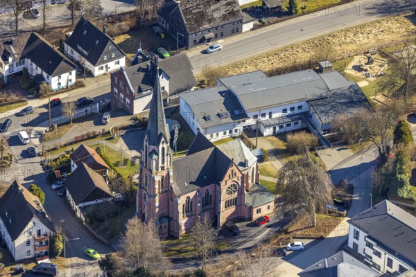 Aerial view, St. Johannes Baptist Catholic Church and Family Centre, Welschen Ennest, Kirchhundem, Sauerland, North Rhine-Westphalia, Germany, place of worship, DE, Europe, place of worship, holy place, church, parish, aerial photograph, aerial photography, aerial photography, religion, overview, bird's-eye view, overview