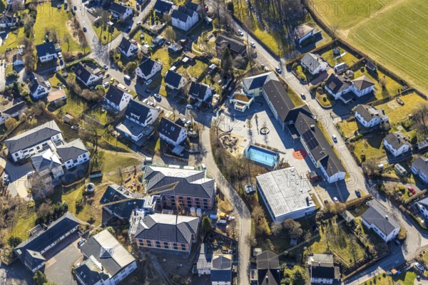 Aerial view, community primary school, below construction site with new building for new senior citizens' residential home on Johannesweg, Welschen Ennest, Kirchhundem, Sauerland, North Rhine-Westphalia, Germany, retirement home, old people's home, construction work, construction area, building site, building plots, construction project, construction project, construction site, care and nursing, education, educational institution, DE, Europe, educational institute, aerial view, aerial photography, aerial photography, care facility, school, retirement home, retirement residence, retirement home, retirement centre, overview, bird's-eye view, overview