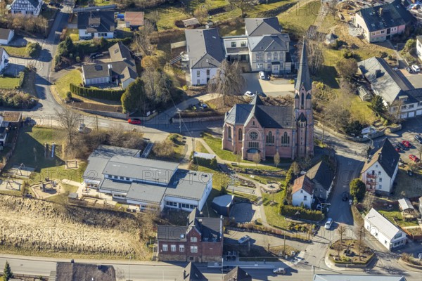 Aerial view, St. Johannes Baptist Catholic Church and Family Centre, Welschen Ennest, Kirchhundem, Sauerland, North Rhine-Westphalia, Germany, place of worship, DE, Europe, place of worship, holy place, church, parish, aerial photograph, aerial photography, aerial photography, religion, overview, bird's-eye view, overview