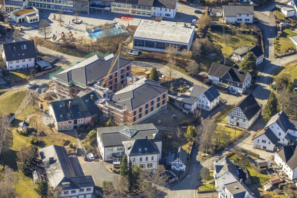 Aerial view, construction site with new building for new senior citizens' residential home on Johannesweg Welschen Ennest, Kirchhundem, Sauerland, North Rhine-Westphalia, Germany, retirement home, old people's home, construction work, construction area, building site, building plots, construction project, construction site, care and nursing, DE, Europe, aerial view, aerial photography, aerial photography, care facility, retirement home, retirement residence, retirement home, senior citizens' centre, overview, bird's eye view, bird's eye view, overview