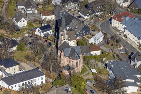 Aerial view, catholic St. Johannes Baptist church, Welschen Ennest, Kirchhundem, Sauerland, North Rhine-Westphalia, Germany, place of worship, DE, Europe, place of worship, holy place, church, parish, aerial view, aerial photography, aerial photography, religion, overview, bird's eye view, birds-eyes view, overview