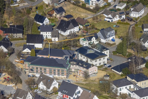 Aerial view, construction site with new building for new senior citizens' residential home on Johannesweg, Welschen Ennest, Kirchhundem, Sauerland, North Rhine-Westphalia, Germany, retirement home, old people's home, construction work, construction area, building site, building plots, construction project, construction site, care and nursing, DE, Europe, aerial view, aerial photography, aerial photography, care facility, retirement home, retirement residence, retirement home, senior citizens' centre, overview, bird's eye view, bird's eye view, overview