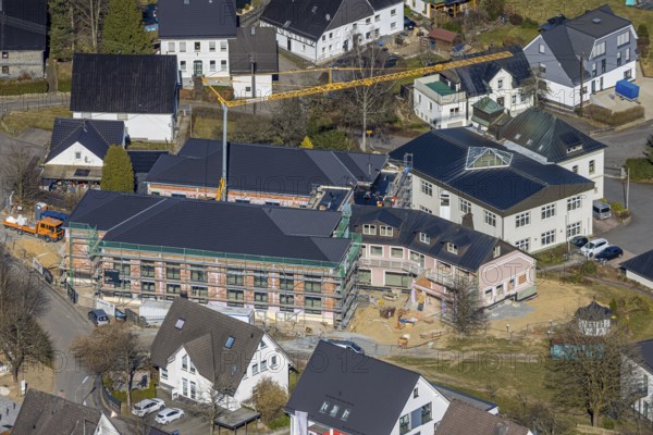 Aerial view, construction site with new building for new senior citizens' residential home on Johannesweg, Welschen Ennest, Kirchhundem, Sauerland, North Rhine-Westphalia, Germany, retirement home, old people's home, construction work, construction area, building site, building plots, construction project, construction site, care and nursing, DE, Europe, aerial view, aerial photography, aerial photography, care facility, retirement home, retirement residence, retirement home, senior citizens' centre, overview, bird's eye view, bird's eye view, overview