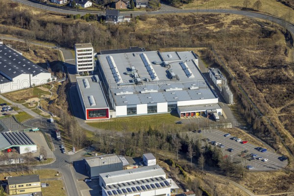 Aerial view, commercial area In der Welsmicke with Mennekes factory - manufacturer of electronic devices, Rahrbach, Kirchhundem, Sauerland, North Rhine-Westphalia, Germany, DE, Europe, commercial enterprises, commercial area, commercial property, commercial site, commercial use, industrial area, industrial site, aerial photograph, aerial photography, aerial photography, overview, bird's-eye view, birds-eyes view, overview