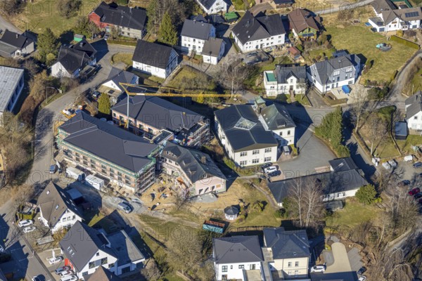 Aerial view, construction site with new building for new senior citizens' residential home on Johannesweg, Welschen Ennest, Kirchhundem, Sauerland, North Rhine-Westphalia, Germany, retirement home, old people's home, construction work, construction area, building site, building plots, construction project, construction site, care and nursing, DE, Europe, aerial view, aerial photography, aerial photography, care facility, retirement home, retirement residence, retirement home, senior citizens' centre, overview, bird's eye view, bird's eye view, overview