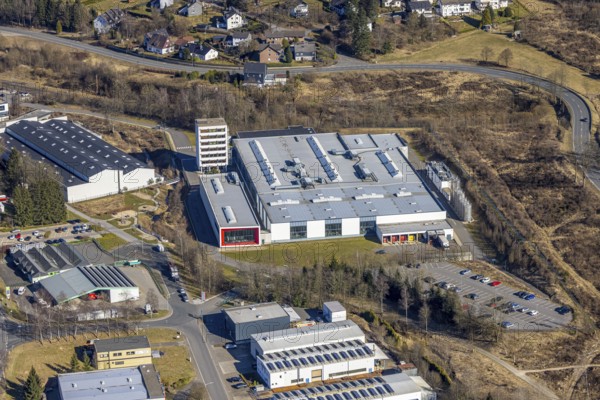 Aerial view, commercial area In der Welsmicke with Mennekes factory - manufacturer of electronic devices, Rahrbach, Kirchhundem, Sauerland, North Rhine-Westphalia, Germany, DE, Europe, commercial enterprises, commercial area, commercial property, commercial site, commercial use, industrial area, industrial site, aerial photograph, aerial photography, aerial photography, overview, bird's-eye view, birds-eyes view, overview