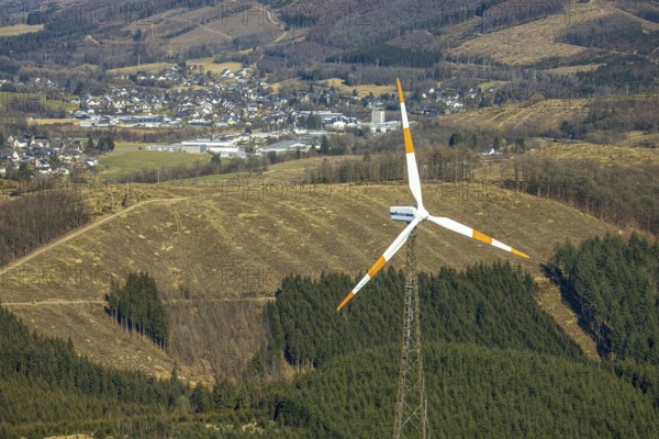 Aerial view, wind turbines and forest area with forest damage, Welschen Ennest, Kirchhundem, Sauerland, North Rhine-Westphalia, Germany, alternative energy, DE, Europe, aerial view, aerial photography, aerial photography, overview, bird's-eye view, WEA, wind energy, wind power, wind turbine, wind wheel, wind turbines, birds-eyes view, overview