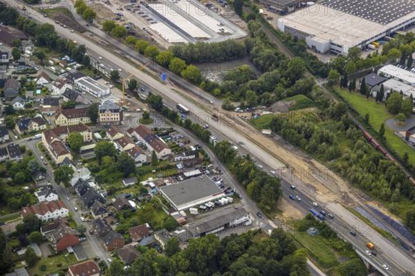 Aerial view, large construction site motorway junction Herne with tunnel construction, motorway A43 between Recklinghausen Emscher- and Rhein-Herne-Kanal overpass and exit Bochum Riehmke, motorway A42, Baukau-West, Herne, Ruhr area, North Rhine-Westphalia, Germany, construction work, construction area, building site, building plots, construction project, building site, Europe, large construction site #Herne #aerial view #aerial photography #aerial photography #aerial photography #North Rhine-Westphalia #North Rhine-Westphalia #Ruhr area #overview #bird perspective