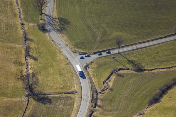 Aerial view, crossroads at Kruberger Bach, L711 road, Kruberg, Kirchhundem, Sauerland, North Rhine-Westphalia, Germany, DE, Europe, aerial view, aerial photography, aerial photography, overview, bird's-eye view, overview