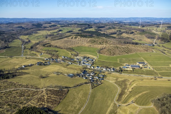 Aerial view, forest area with forest damage in residential area, local view Kruberg, Kirchhundem, Sauerland, North Rhine-Westphalia, Germany, DE, Europe, property tax, real estate, aerial view, aerial photography, aerial photography, overview, bird's-eye view, residential complex, housing and living, residential area, residential quality, residential neighbourhood, housing estate, residential area, birds-eyes view, overview