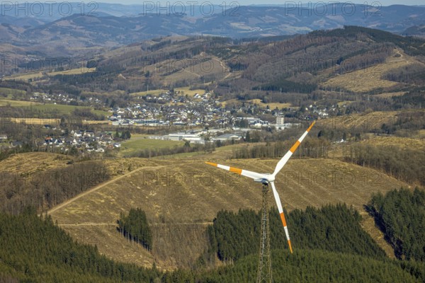 Aerial view, wind turbines and forest area with forest damage, Welschen Ennest, Kirchhundem, Sauerland, North Rhine-Westphalia, Germany, alternative energy, DE, Europe, aerial view, aerial photography, aerial photography, overview, bird's-eye view, WEA, wind energy, wind power, wind turbine, wind wheel, wind turbines, birds-eyes view, overview