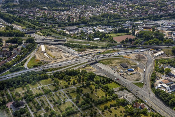 Aerial view, large construction site motorway junction Herne with tunnel construction, motorway A43 between Recklinghausen Emscher- and Rhein-Herne-Kanal overpass and exit Bochum Riehmke, motorway A42, Baukau-West, Herne, Ruhr area, North Rhine-Westphalia, Germany, construction work, construction area, building site, building plots, construction project, building site, Europe, large construction site #Herne #aerial view #aerial photography #aerial photography #aerial photography #North Rhine-Westphalia #North Rhine-Westphalia #Ruhr area #overview #bird perspective