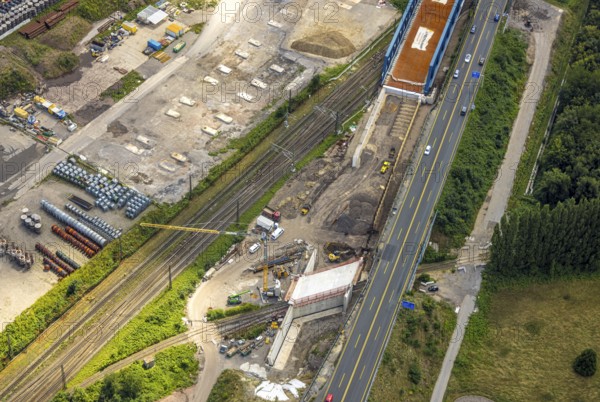 Aerial view, large construction site motorway junction Herne with tunnel construction, motorway A43 between Recklinghausen Emscher- and Rhein-Herne-Kanal overpass and exit Bochum Riehmke, motorway A42, Baukau-West, Herne, Ruhr area, North Rhine-Westphalia, Germany, construction work, construction area, building site, building plots, construction project, building site, Europe, large construction site #Herne #aerial view #aerial photography #aerial photography #aerial photography #North Rhine-Westphalia #North Rhine-Westphalia #Ruhr area #overview #bird perspective