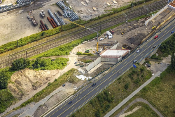 Aerial view, large construction site motorway junction Herne with tunnel construction, motorway A43 between Recklinghausen Emscher- and Rhein-Herne-Kanal overpass and exit Bochum Riehmke, motorway A42, Baukau-West, Herne, Ruhr area, North Rhine-Westphalia, Germany, construction work, construction area, building site, building plots, construction project, building site, Europe, large construction site #Herne #aerial view #aerial photography #aerial photography #aerial photography #North Rhine-Westphalia #North Rhine-Westphalia #Ruhr area #overview #bird perspective