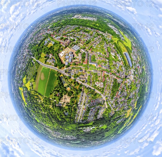 Residential area local view at Sodinger Straße, earth globe, fisheye image, fisheye image, 360 degree image, tiny world, little planet, fisheye image, Sodingen, Herne, Ruhr area, North Rhine-Westphalia, Germany, DE, Europe, fisheye lens, fisheye lens, aerial view, aerial photography, aerial photography, super wide angle lens, overview, bird's eye view, birds-eyes view, fisheye lens, insta360 camera, overview