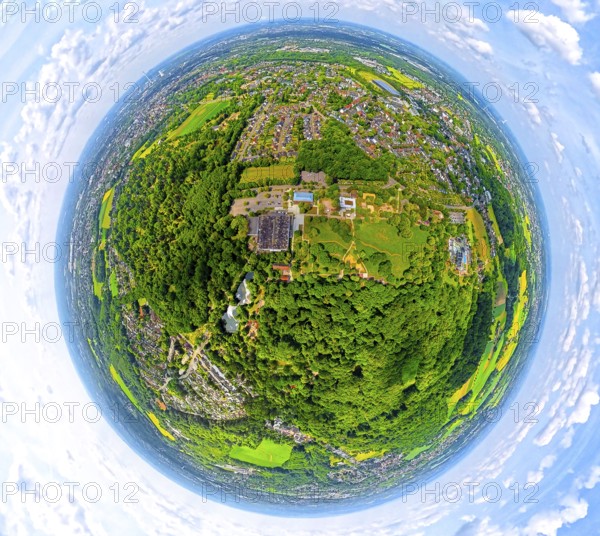 Gysenberg amusement park with forest area, Hannibal Arena Herne ice rink, globe, fisheye image, 360 degree image, tiny world, little planet, fisheye image, Börnig, Herne, Ruhr area, North Rhine-Westphalia, Germany, DE, Europe, fisheye lens, fisheye lens, leisure facility, leisure area, leisure activities, leisure park, leisure enjoyment, leisure centre, aerial view, aerial photography, aerial photography, aerial photography, super wide angle lens, overview, bird's eye view, birds-eyes view, fisheye lens, insta360 camera, overview