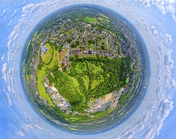 City forest Im Uhlenbruch, residential area Sodingen with academy Mont-Cenis and tree avenue circle, globe, fisheye image, 360 degree image, tiny world, little planet, fisheye image, Sodingen, Herne, Ruhr area, North Rhine-Westphalia, Germany, DE, Europe, fisheye lens, fisheye lens, aerial view, aerial photography, aerial photography, aerial photography, super wide angle lens, overview, bird's eye view, birds-eyes view, fisheye lens, insta360 camera, overview