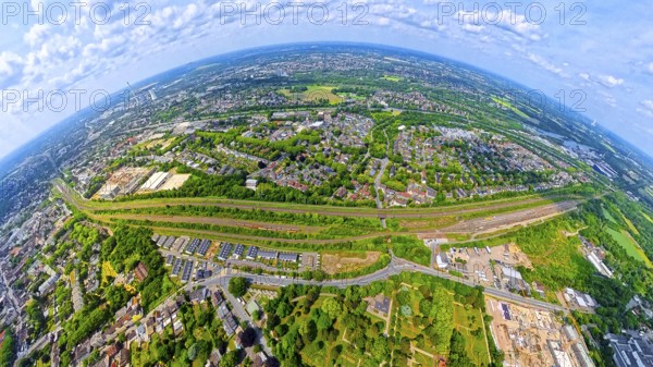 Horsthausen goods station and new residential area Horsthauser Straße, globe, fisheye image, fisheye image, 360 degree image, tiny world, little planet, fisheye image, Herne-Mitte, Herne, Ruhr area, North Rhine-Westphalia, Germany, DE, Europe, fisheye lens, fisheye lens, aerial image, aerial photography, aerial photography, super wide angle lens, overview, bird's eye view, bird's eye view, fisheye lens, insta360 camera, overview