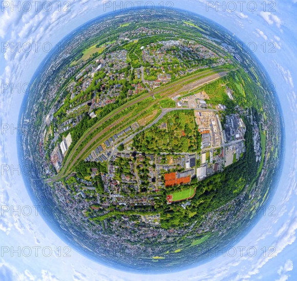 Horsthausen goods station and new residential area Horsthauser Straße, globe, fisheye image, fisheye image, 360 degree image, tiny world, little planet, fisheye image, Herne-Mitte, Herne, Ruhr area, North Rhine-Westphalia, Germany, DE, Europe, fisheye lens, fisheye lens, aerial image, aerial photography, aerial photography, super wide angle lens, overview, bird's eye view, bird's eye view, fisheye lens, insta360 camera, overview