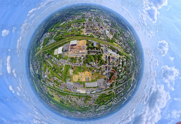 Construction site with new building for new FunkenbergQuartier on Fabrikstraße with police academy university, earth globe, fisheye image, 360 degree image, tiny world, little planet, fisheye image, Baukau, Herne, Ruhr area, North Rhine-Westphalia, Germany, construction work, construction area, construction site, building site, building project, construction project, construction site, DE, Europe, fisheye lens, fisheye lens, university, aerial view, aerial photography, aerial photography, aerial photography, new building, police, super wide angle lens, overview, bird's eye view, fisheye lens, insta360 camera, overview