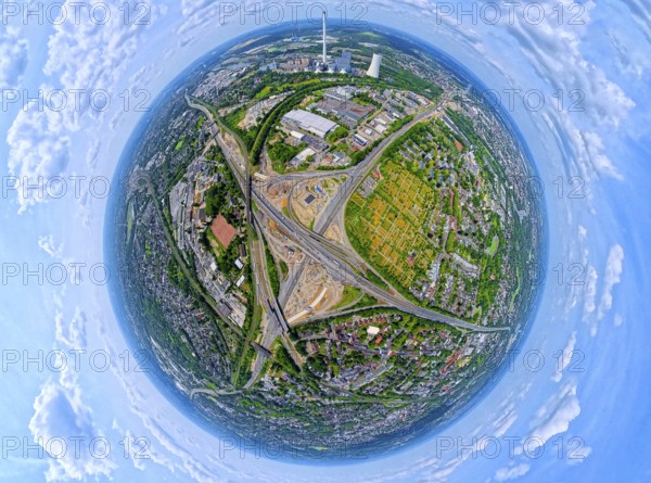 Motorway junction Herne major construction site, motorway A42 and motorway A43, STEAG cogeneration plant Herne at the Rhine-Herne Canal, earth globe, fisheye image, fisheye image, 360 degree image, tiny world, little planet, fisheye image, Baukau, Herne, Ruhr area, North Rhine-Westphalia, Germany, DE, Europe, fisheye lens, fisheye lens, aerial view, aerial photography, aerial photography, aerial photography, super wide angle lens, overview, bird's eye view, birds-eyes view, fisheye lens, insta360 camera, overview