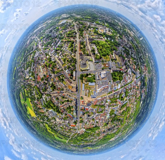 City centre residential area and view of Sodinger Straße, globe, fisheye image, 360 degree image, tiny world, little planet, fisheye image, Herne-Mitte, Herne, Ruhr area, North Rhine-Westphalia, Germany, DE, Europe, fisheye lens, fisheye lens, property tax, real estate, aerial view, aerial photography, aerial photography, super wide angle lens, overview, bird's eye view, housing estate, housing and living, residential area, quality of living, residential neighbourhood, housing estate, residential area, birds-eyes view, fisheye lens, insta360 camera, overview