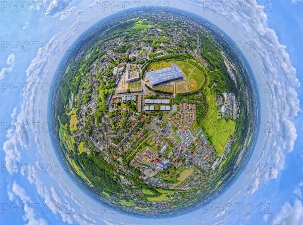 Residential area local view Sodingen with academy Mont-Cenis and tree avenue circle, globe, fisheye shot, fisheye shot, 360 degree shot, tiny world, little planet, fisheye image, Sodingen, Herne, Ruhr area, North Rhine-Westphalia, Germany, DE, Europe, fisheye lens, fisheye lens, aerial view, aerial photography, aerial photography, super wide angle lens, overview, bird's eye view, birds-eyes view, fisheye lens, insta360 camera, overview