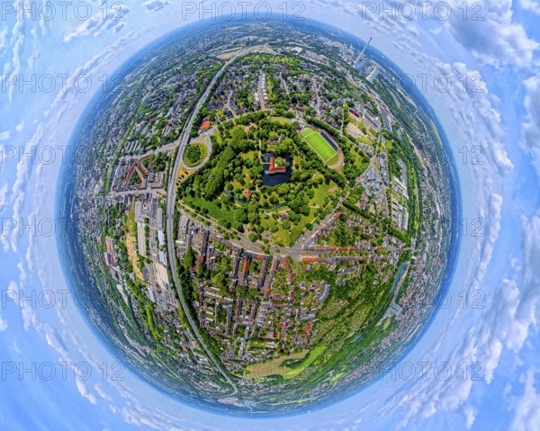 Strünkede Castle moated castle with castle garden, Edeka-Koch-Sportpark football stadium of SC Westfalia 04 Herne e. V., Motorway A42, globe, fisheye shot, fisheye shot, 360 degree shot, tiny world, little planet, fisheye image, Baukau, Herne, Ruhr area, North Rhine-Westphalia, Germany, DE, Europe, fisheye lens, fisheye lens, aerial view, aerial photography, aerial photography, aerial photography, super wide angle lens, overview, bird's eye view, birds-eyes view, fisheye lens, insta360 camera, overview
