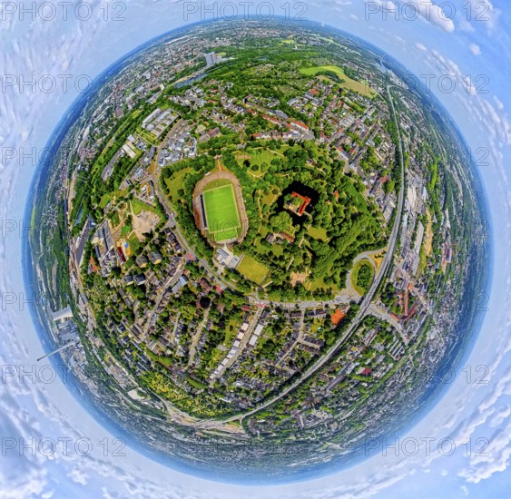 Strünkede Castle moated castle with castle garden, Edeka-Koch-Sportpark football stadium of SC Westfalia 04 Herne e. V., Motorway A42, globe, fisheye shot, fisheye shot, 360 degree shot, tiny world, little planet, fisheye image, Baukau, Herne, Ruhr area, North Rhine-Westphalia, Germany, DE, Europe, fisheye lens, fisheye lens, aerial view, aerial photography, aerial photography, aerial photography, super wide angle lens, overview, bird's eye view, birds-eyes view, fisheye lens, insta360 camera, overview
