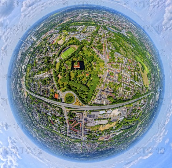 Strünkede Castle moated castle with castle garden, Edeka-Koch-Sportpark football stadium of SC Westfalia 04 Herne e. V., Motorway A42, globe, fisheye shot, fisheye shot, 360 degree shot, tiny world, little planet, fisheye image, Baukau, Herne, Ruhr area, North Rhine-Westphalia, Germany, DE, Europe, fisheye lens, fisheye lens, aerial view, aerial photography, aerial photography, aerial photography, super wide angle lens, overview, bird's eye view, birds-eyes view, fisheye lens, insta360 camera, overview