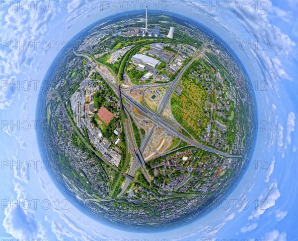 Motorway junction Herne major construction site, motorway A42 and motorway A43, STEAG cogeneration plant Herne at the Rhine-Herne Canal, earth globe, fisheye image, fisheye image, 360 degree image, tiny world, little planet, fisheye image, Baukau, Herne, Ruhr area, North Rhine-Westphalia, Germany, DE, Europe, fisheye lens, fisheye lens, aerial view, aerial photography, aerial photography, aerial photography, super wide angle lens, overview, bird's eye view, birds-eyes view, fisheye lens, insta360 camera, overview