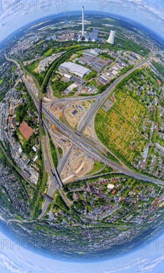 Motorway junction Herne major construction site, motorway A42 and motorway A43, STEAG cogeneration plant Herne at the Rhine-Herne Canal, earth globe, fisheye image, fisheye image, 360 degree image, tiny world, little planet, fisheye image, Baukau, Herne, Ruhr area, North Rhine-Westphalia, Germany, DE, Europe, fisheye lens, fisheye lens, aerial view, aerial photography, aerial photography, aerial photography, super wide angle lens, overview, bird's eye view, birds-eyes view, fisheye lens, insta360 camera, overview