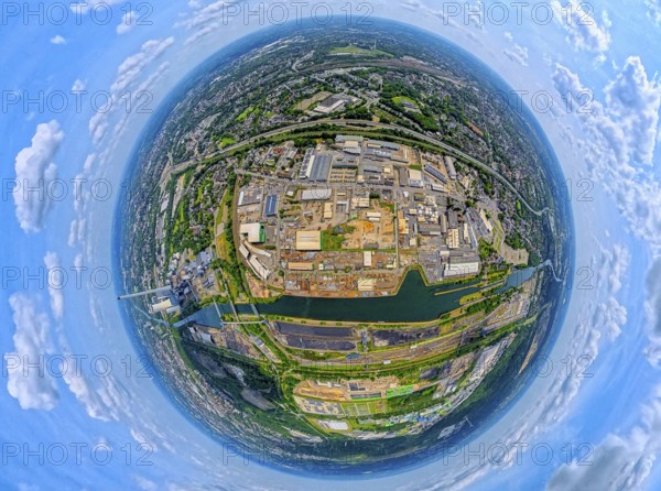 Industrial area Heerstraße Crange at the Rhine-Herne Canal and motorway A42, globe, fisheye image, 360 degree image, tiny world, little planet, fisheye image, Unser Fritz, Herne, Ruhr area, North Rhine-Westphalia, Germany, DE, Europe, fisheye lens, fisheye lens, commercial enterprises, commercial area, commercial area, commercial property, commercial park, commercial site, commercial use, industrial area, industrial site, aerial view, aerial photograph, aerial photography, aerial photography, super wide angle lens, overview, bird's eye view, birds-eyes view, fisheye lens, insta360 camera, overview