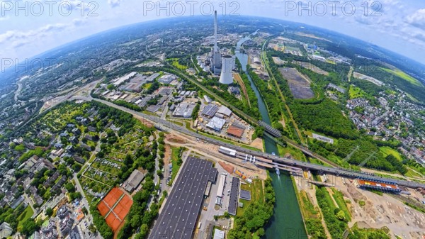 STEAG cogeneration plant Herne at the Rhine-Herne canal, left the motorway junction Herne large construction site with motorway A43, globe, fisheye image, fisheye image, 360 degree image, tiny world, little planet, fisheye image, Baukau, Herne, Ruhr area, North Rhine-Westphalia, Germany, DE, Europe, fisheye lens, fisheye lens, aerial view, aerial photography, aerial photography, aerial photography, super wide angle lens, overview, bird's eye view, birds-eyes view, fisheye lens, insta360 camera, overview