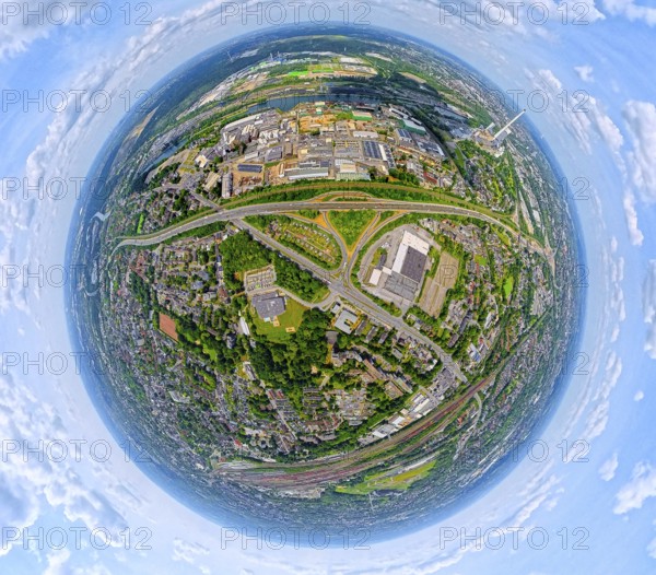 Industrial area Heerstraße Crange at the Rhine-Herne-Canal and motorway A42 with triangle Herne-Crange, earth globe, fisheye image, 360 degree image, tiny world, little planet, fisheye image, Unser Fritz, Herne, Ruhr area, North Rhine-Westphalia, Germany, DE, Europe, fisheye lens, fisheye lens, commercial enterprises, commercial area, commercial area, commercial property, commercial park, commercial location, commercial use, industrial area, industrial location, aerial view, aerial photograph, aerial photography, aerial photography, super wide angle lens, Toy FoodSystem GmbH, overview, bird's eye view, birds-eyes view, fisheye lens, insta360 camera, overview