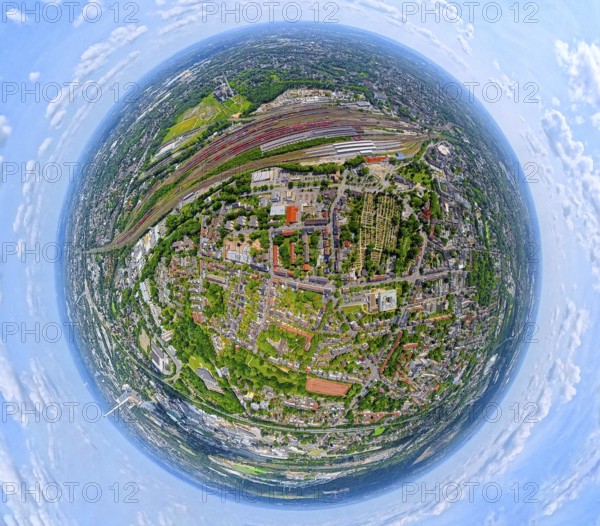 Deutsche Bahn AG freight station and main station Wanne-Eickel, cemetery Wanne-Mitte, earth globe, fisheye image, 360 degree image, tiny world, little planet, fisheye image, Wanne, Herne, Ruhr area, North Rhine-Westphalia, Germany, railway area, railway station, burial ground, DE, Deutsche Bahn AG, Europe, fisheye lens, fisheye lens, cemetery, memorial, railway tracks, tracks, burial ground, graves, burial ground, central station, main station, aerial view, aerial photography, aerial photography, aerial photography, resting place, super wide angle lens, overview, bird's eye view, fisheye lens, insta360 camera, overview