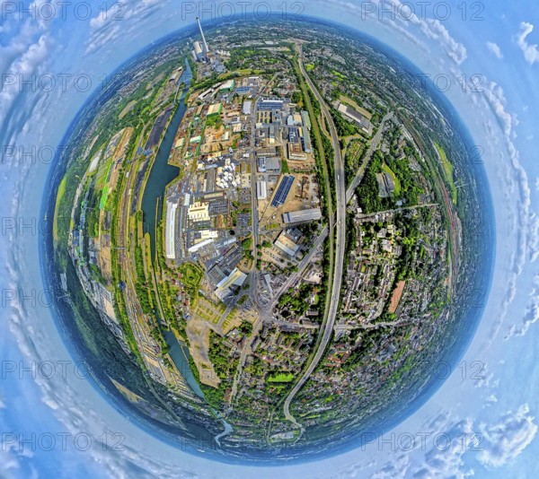 Industrial area Heerstraße Crange at the Rhine-Herne Canal and motorway A42, globe, fisheye image, 360 degree image, tiny world, little planet, fisheye image, Unser Fritz, Herne, Ruhr area, North Rhine-Westphalia, Germany, DE, Europe, fisheye lens, fisheye lens, commercial enterprises, commercial area, commercial area, commercial property, commercial park, commercial site, commercial use, industrial area, industrial site, aerial view, aerial photograph, aerial photography, aerial photography, super wide angle lens, overview, bird's eye view, birds-eyes view, fisheye lens, insta360 camera, overview