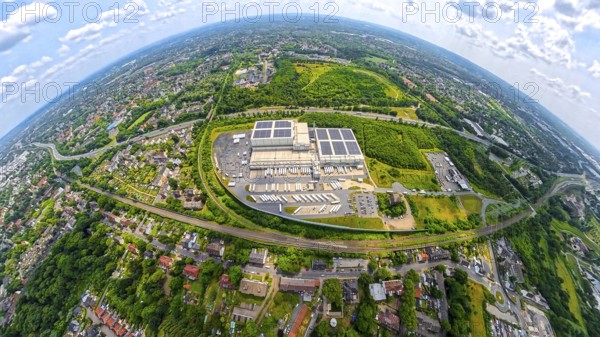 Nordfrost GmbH, transport logistics and warehouse logistics with trade logistics, roof with solar panels, truck fleet, railway tracks, motorway A42 and behind it the mountain dump Pluto-Wilhelm and colliery Pluto, globe, fisheye image, fisheye lens, 360 degree image, tiny world, little planet, fisheye image, Unser Fritz, Herne, Ruhr area, North Rhine-Westphalia, Germany, DE, Europe, fisheye lens, fisheye lens, aerial view, aerial photography, aerial photography, super wide angle lens, overview, bird's eye view, fisheye lens, insta360 camera, overview