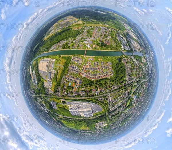 Rhine-Herne Canal and Artists' Colliery Unser Fritz 2/3 Venue, Earth globe, fisheye image, fisheye image, 360 degree image, tiny world, little planet, fisheye image, Unser Fritz, Herne, Ruhr area, North Rhine-Westphalia, Germany, DE, Europe, events, fisheye lens, fisheye lens, culture, art, aerial view, aerial photography, aerial photography, aerial photography, super wide angle lens, overview, venue, event location, event centre, bird's eye view, birds-eyes view, fisheye lens, insta360 camera, cultural use, overview
