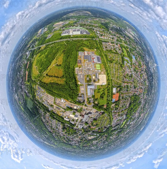 Residential area local view Wanne with colliery Pluto and mountain dump Pluto-Wilhelm landscape protection area, earth globe, fisheye image, fisheye image, 360 degree image, tiny world, little planet, fisheye image, Wanne, Herne, Ruhr area, North Rhine-Westphalia, Germany, DE, Europe, fisheye lens, fisheye lens, aerial view, aerial photography, aerial photography, super wide angle lens, overview, bird's eye view, birds-eyes view, fisheye lens, insta360 camera, overview