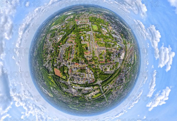 Residential area local view Herne-Eickel at Schlachthofstraße, earth globe, fisheye shot, 360 degree shot, tiny world, little planet, fisheye image, Röhlinghausen, Herne, Ruhr area, North Rhine-Westphalia, Germany, DE, Europe, fisheye lens, fisheye lens, aerial view, aerial photography, aerial photography, super wide angle lens, overview, bird's eye view, birds-eyes view, fisheye lens, insta360 camera, overview